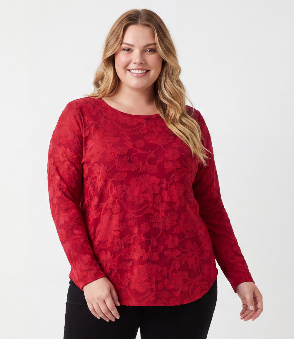 Plus Size Long Sleeve Burnout Shirttail Top