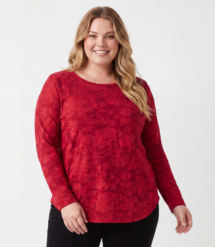 Plus Size Long Sleeve Burnout Shirttail Top