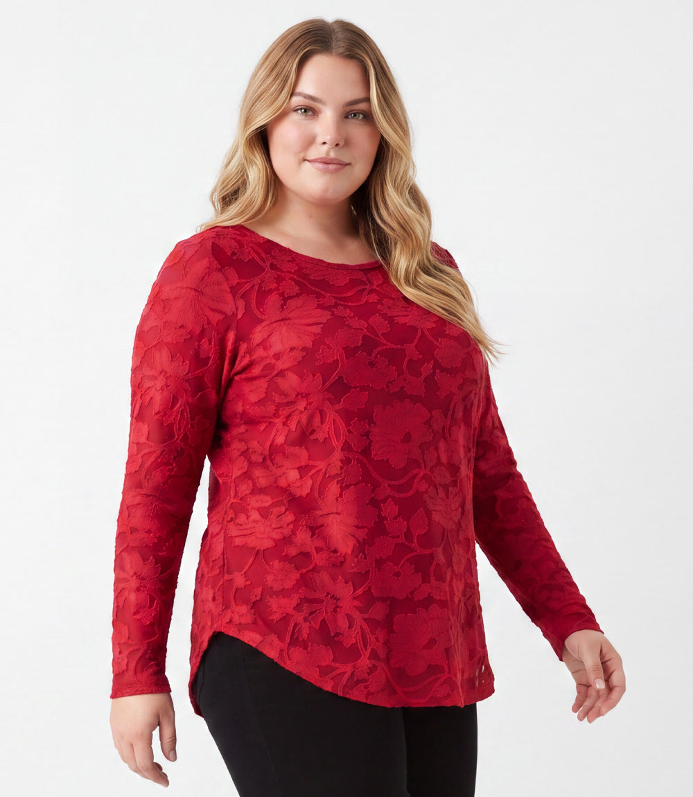 Plus Size Long Sleeve Burnout Shirttail Top
