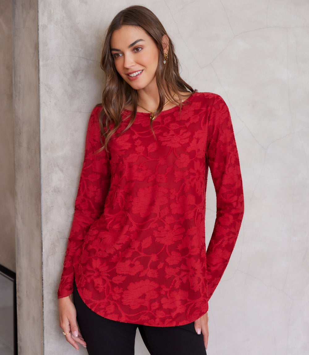Petite Size Long Sleeve Burnout Shirttail Top