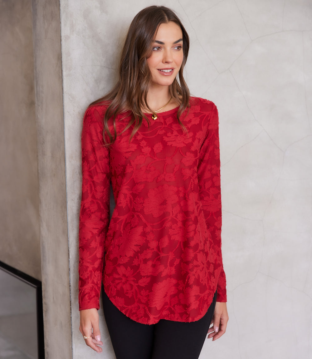 Petite Size Long Sleeve Burnout Shirttail Top