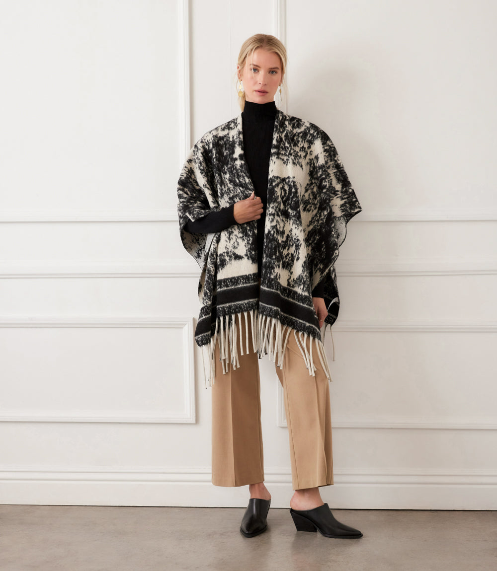 Brushed Jacquard Knit Fringe Poncho