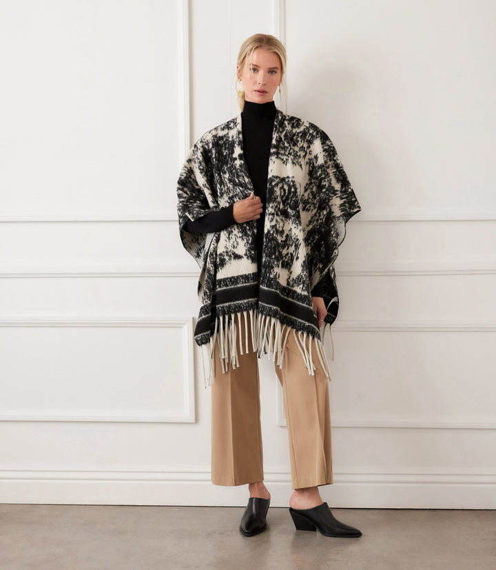 Brushed Jacquard Knit Fringe Poncho