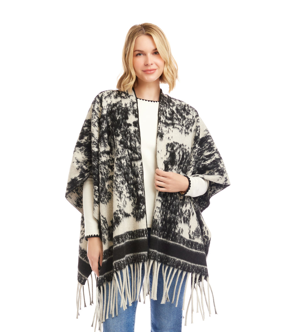 Brushed Jacquard Knit Fringe Poncho