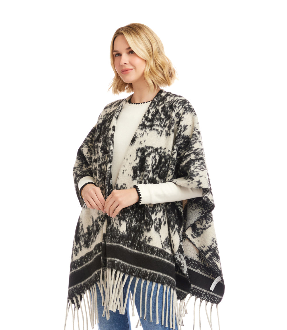 Brushed Jacquard Knit Fringe Poncho