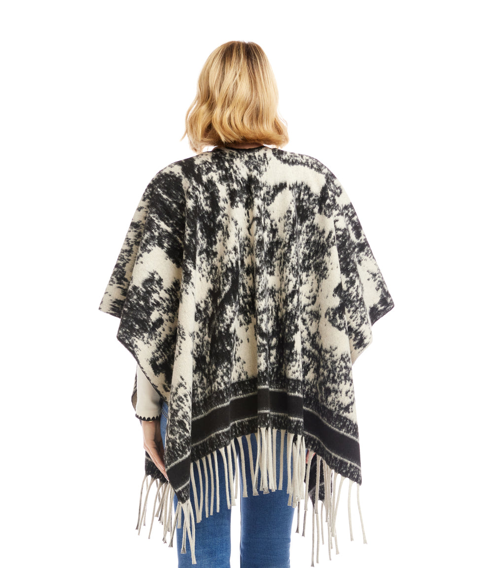 Brushed Jacquard Knit Fringe Poncho
