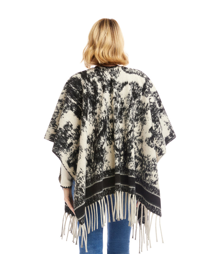 Brushed Jacquard Knit Fringe Poncho