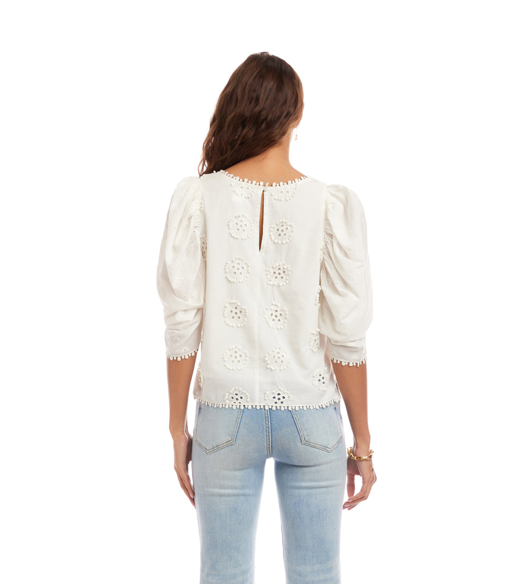 Petite Size Puff Sleeve Embroidered Top