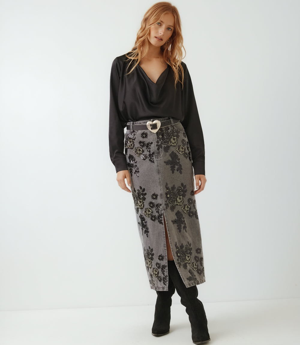 Sequin Denim Pencil Front-Slit Midi Skirt