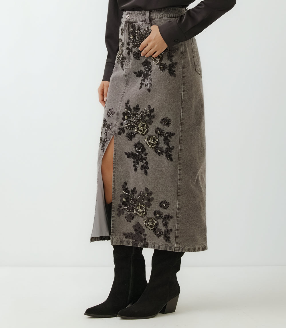 Sequin Denim Pencil Front-Slit Midi Skirt