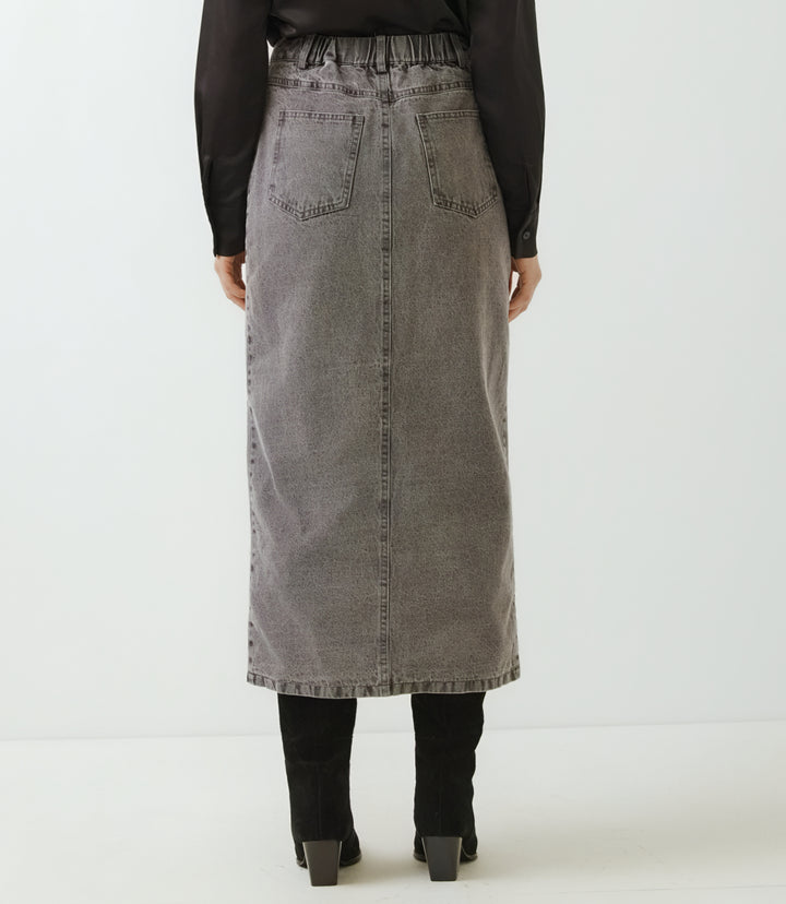 Sequin Denim Pencil Front-Slit Midi Skirt