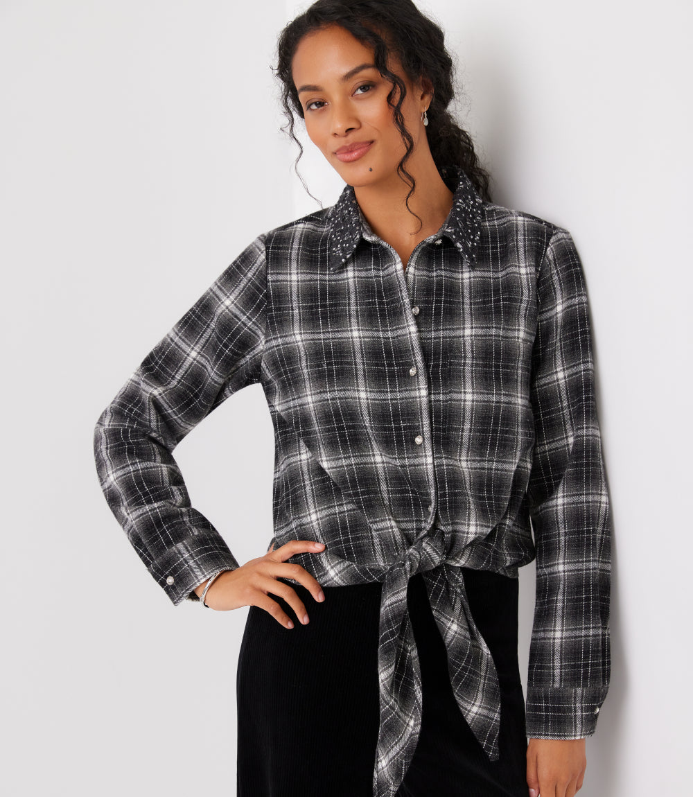 Embellished Collar Plaid Tie-Front Shirt