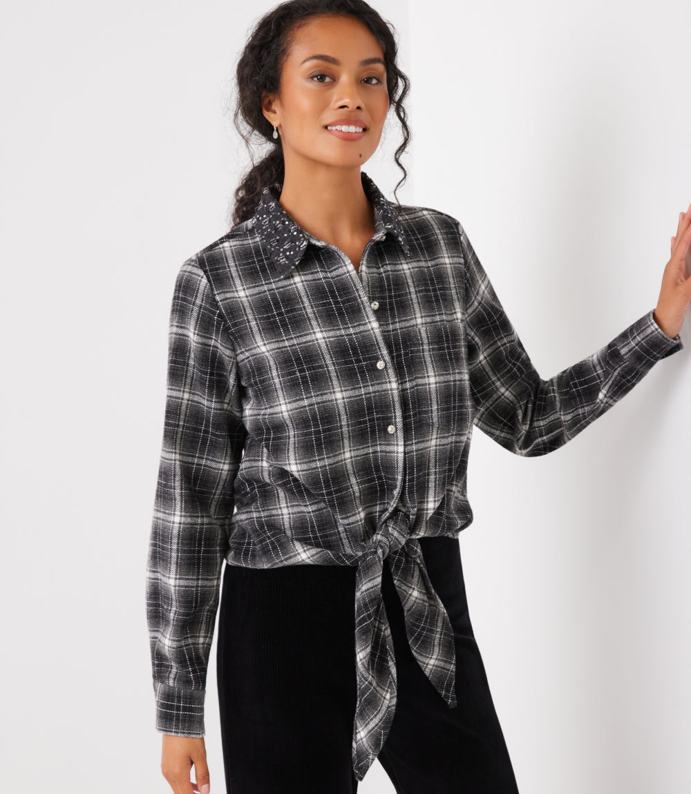 Embellished Collar Plaid Tie-Front Shirt