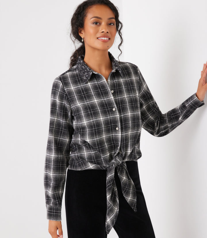 Embellished Collar Plaid Tie-Front Shirt