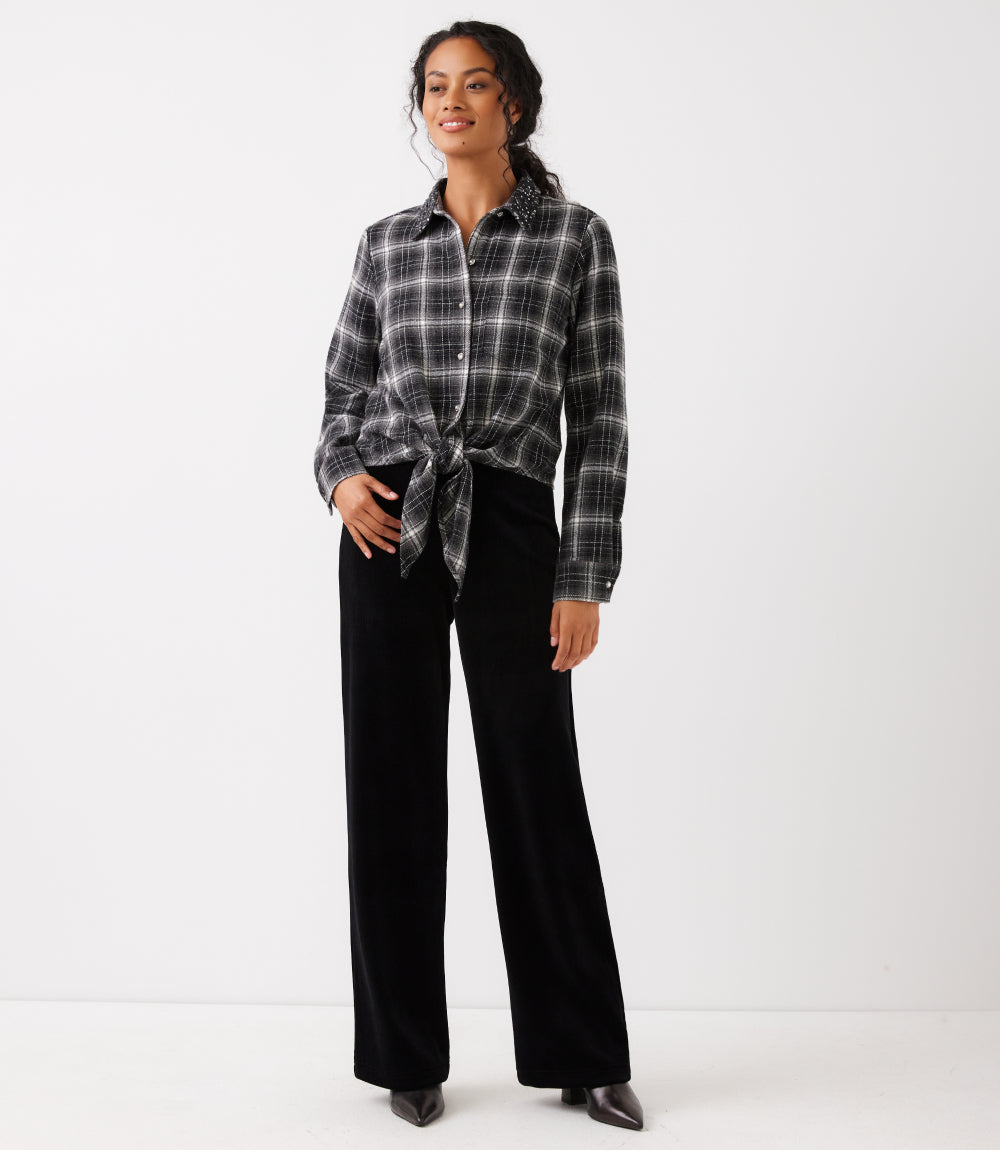 Embellished Collar Plaid Tie-Front Shirt