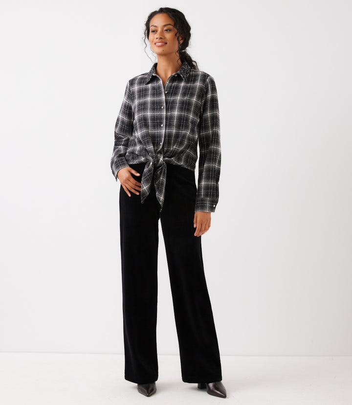 Embellished Collar Plaid Tie-Front Shirt