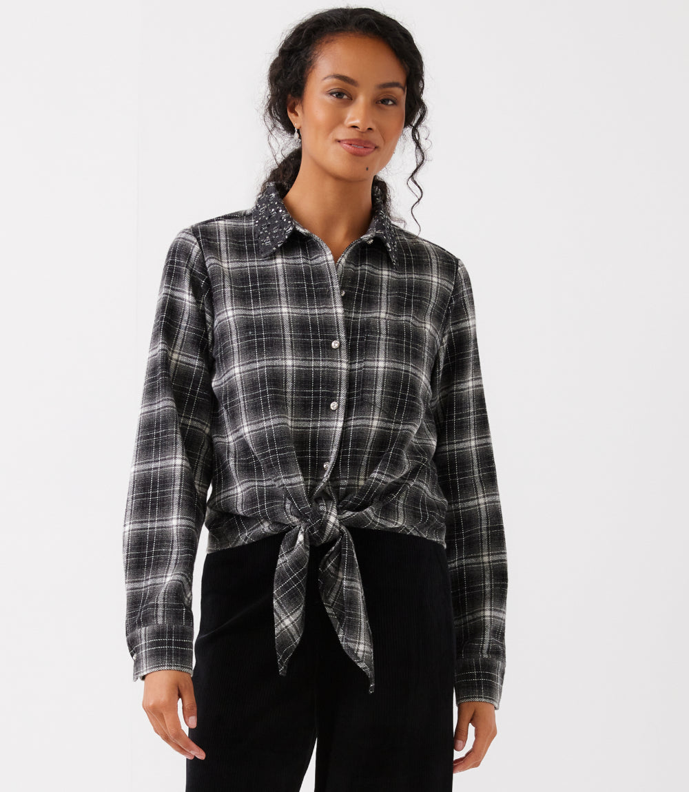 Embellished Collar Plaid Tie-Front Shirt