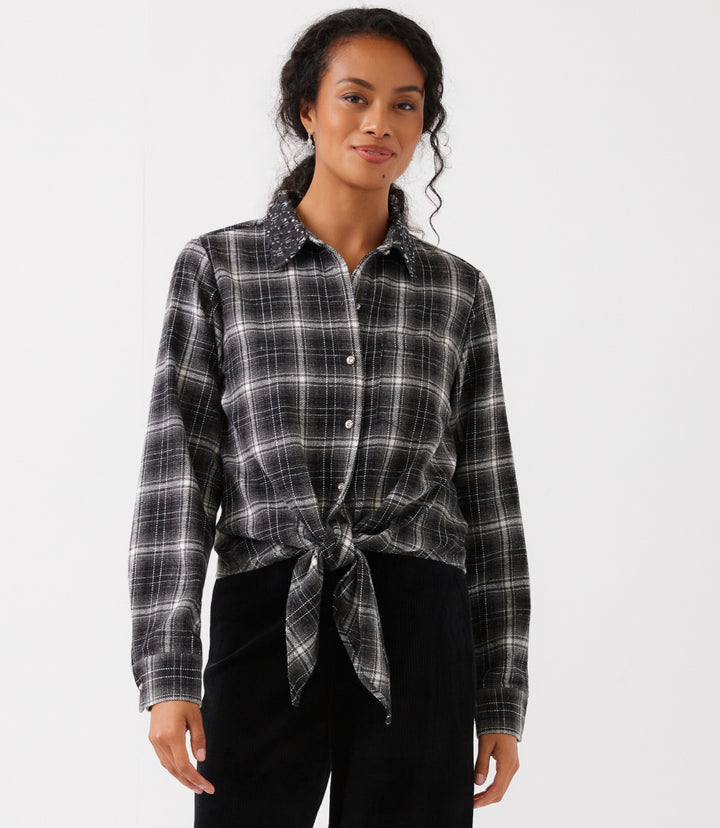 Embellished Collar Plaid Tie-Front Shirt