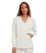 Light heather gray petite V-neck kangaroo pocket sweatshirt with relaxed fit and drop shoulder sleeves