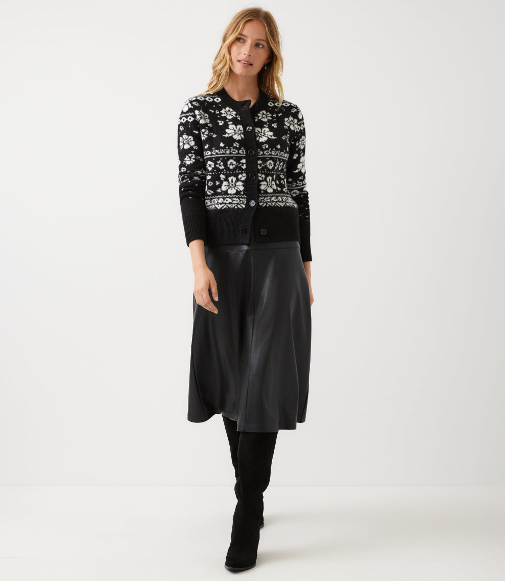Petite Size Floral Jacquard Crewneck Cardigan Sweater
