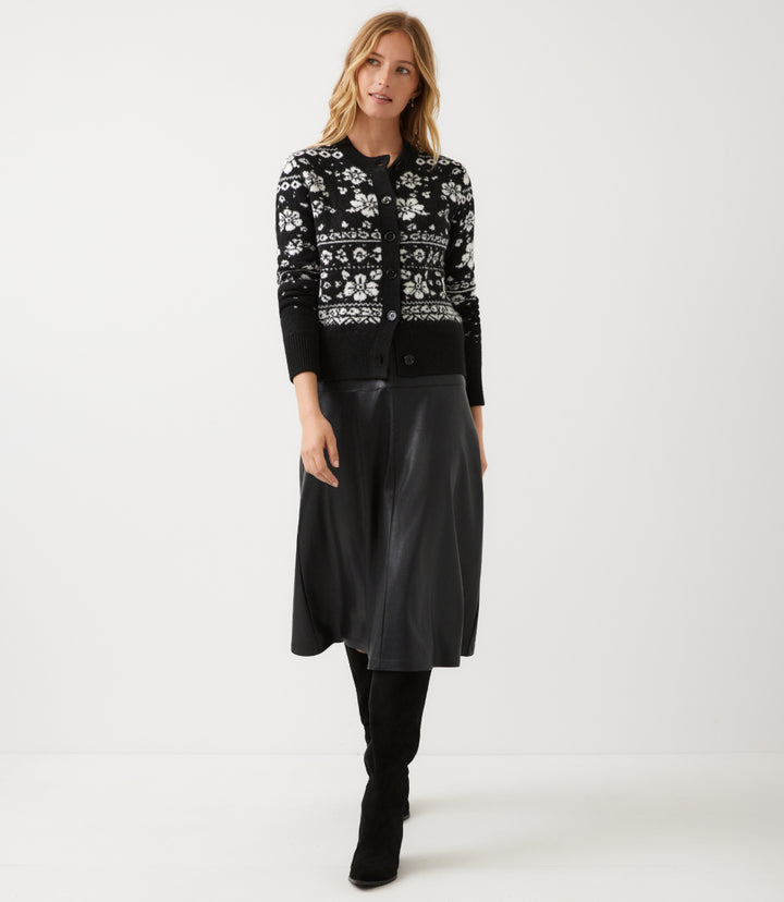Petite Size Floral Jacquard Crewneck Cardigan Sweater