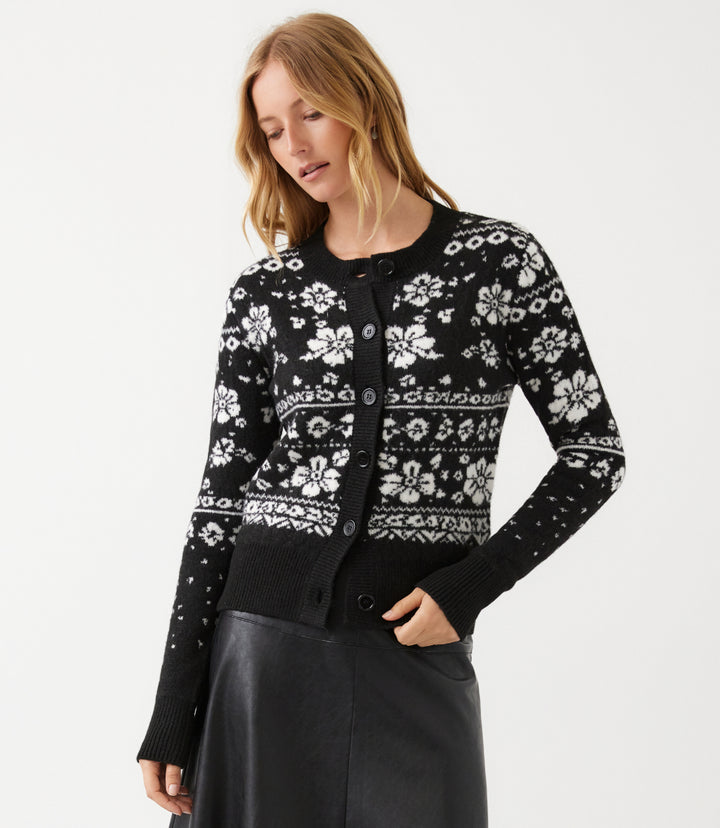 Petite Size Floral Jacquard Crewneck Cardigan Sweater