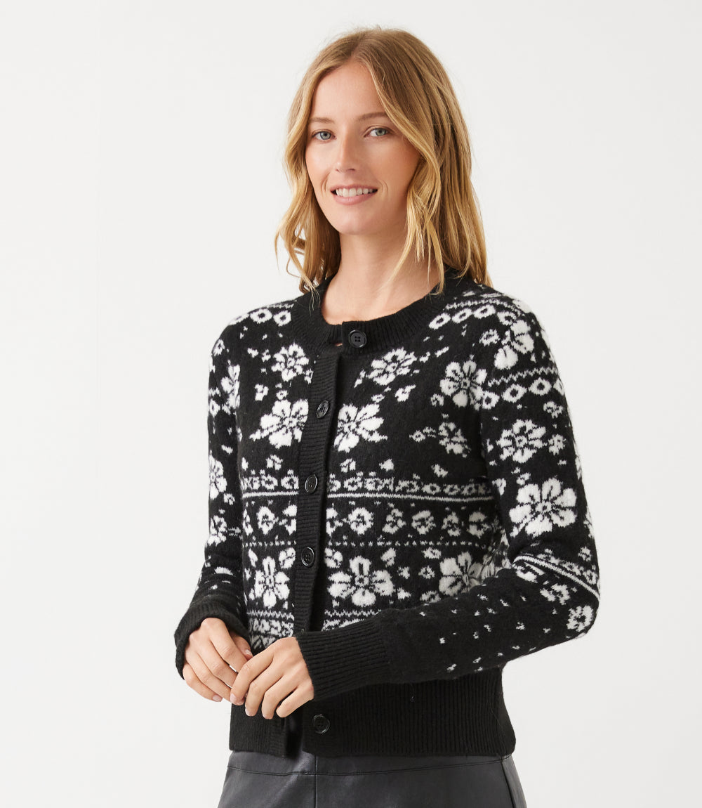 Petite Size Floral Jacquard Crewneck Cardigan Sweater