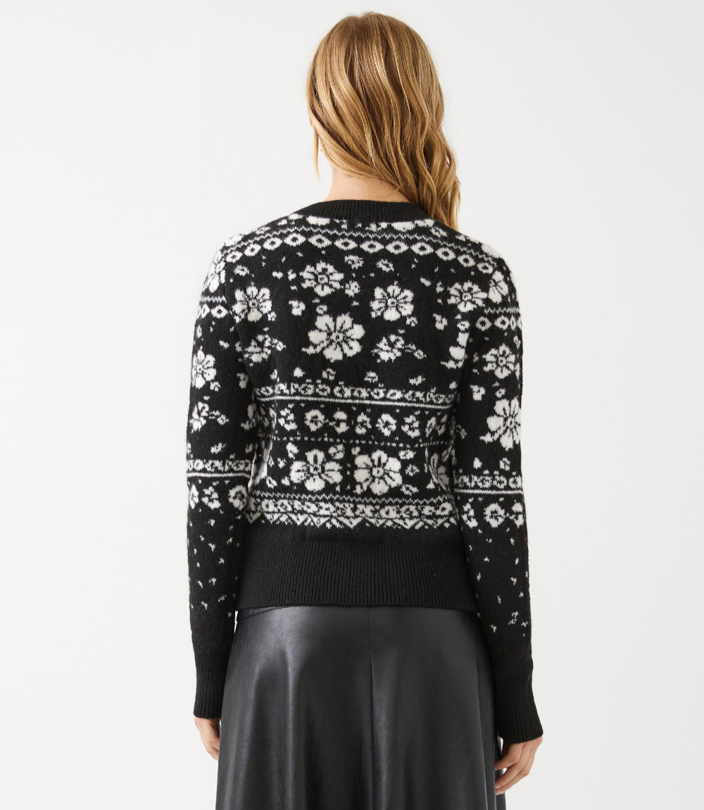 Petite Size Floral Jacquard Crewneck Cardigan Sweater