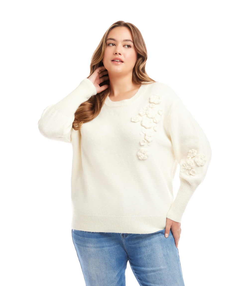 Plus Size Hand Embroidered Flower Detail Sweater
