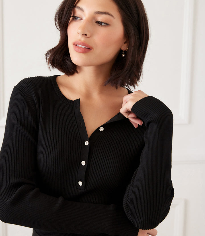 Henley Ribbed Crewneck Sweater