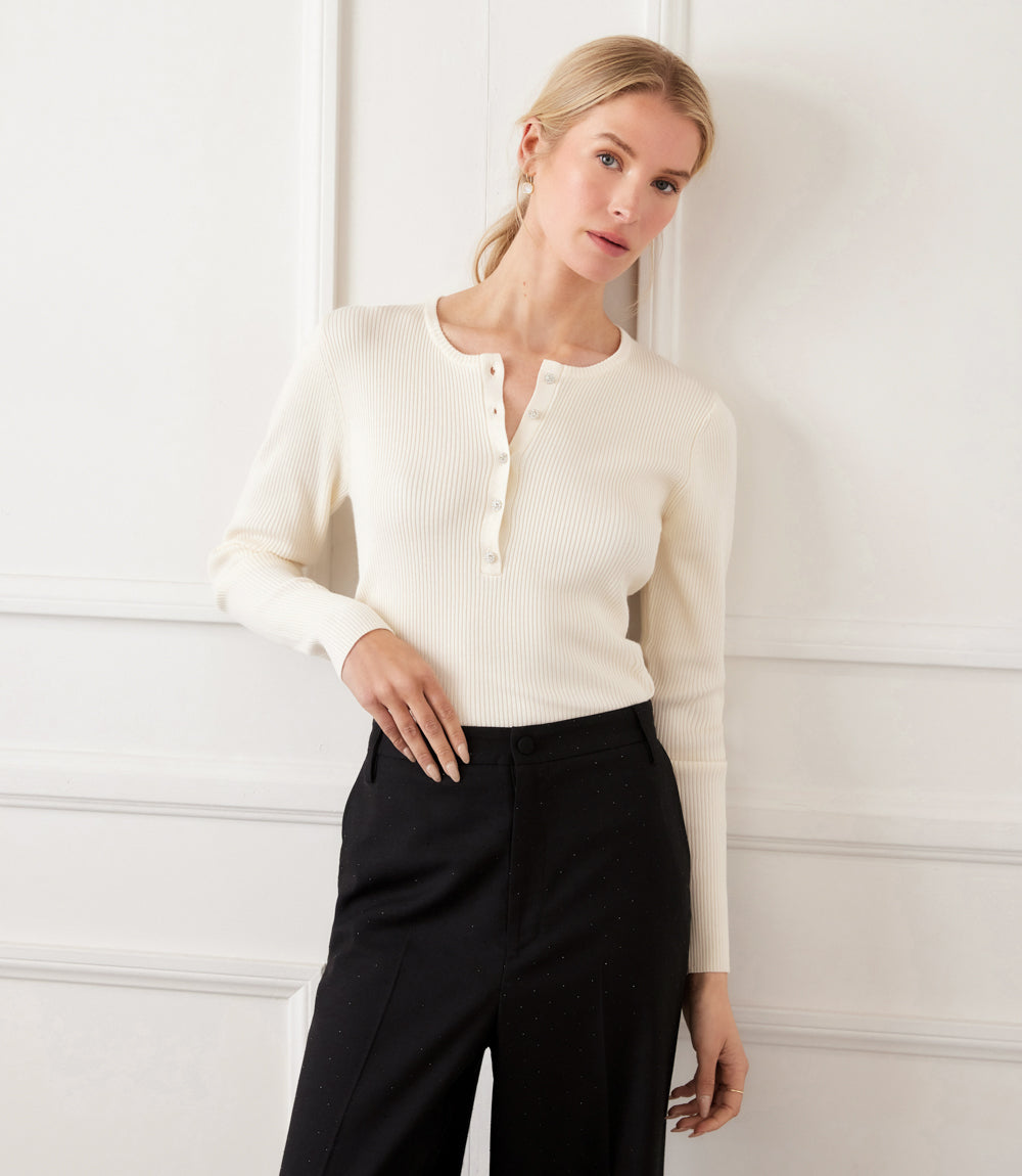 Henley Ribbed Crewneck Sweater