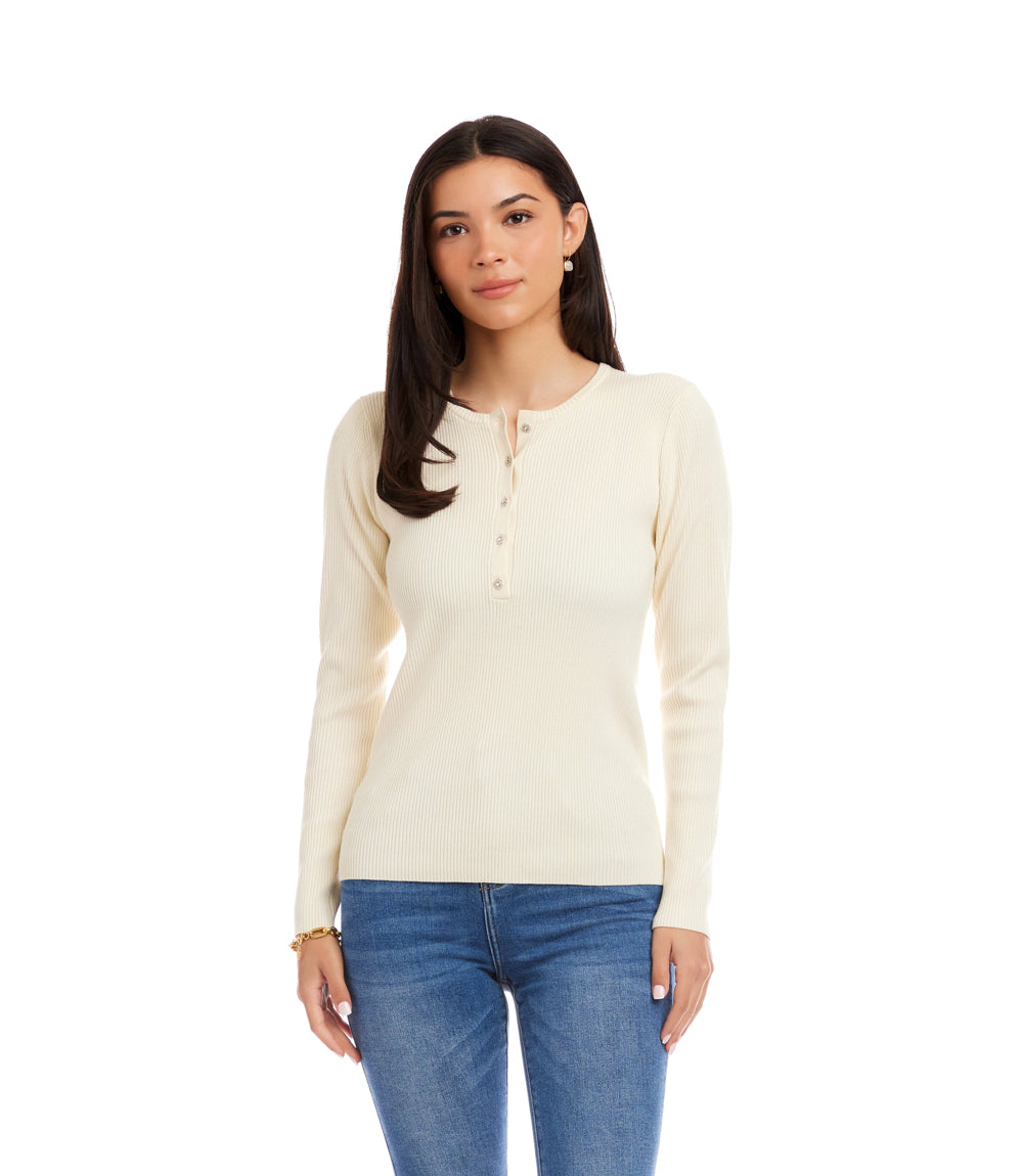 Henley Ribbed Crewneck Sweater