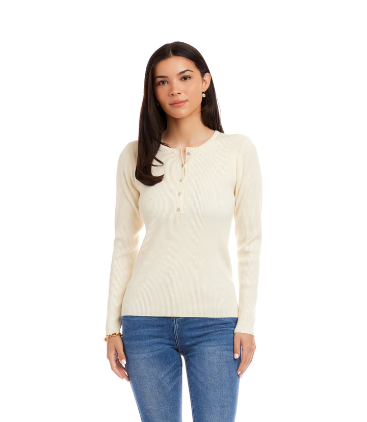 Henley Ribbed Crewneck Sweater