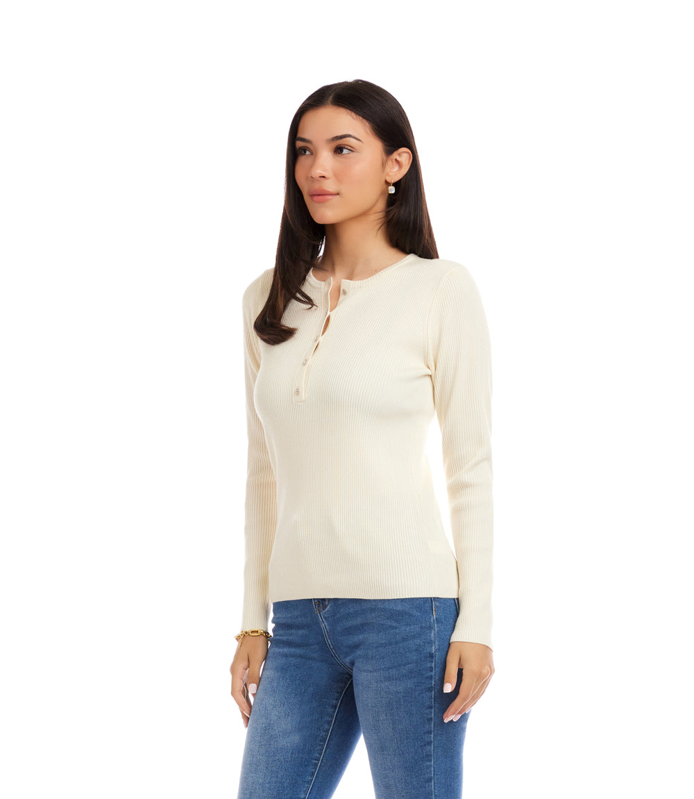 Henley Ribbed Crewneck Sweater