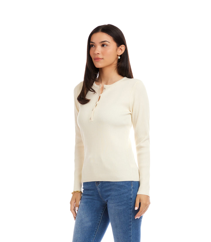 Henley Ribbed Crewneck Sweater