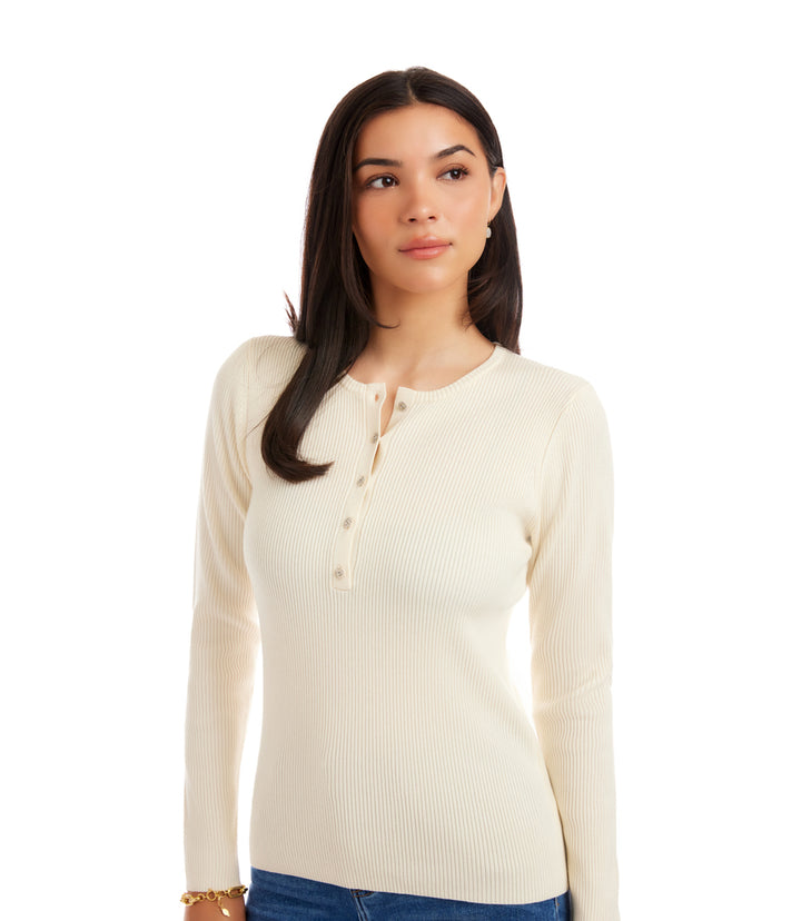 Henley Ribbed Crewneck Sweater