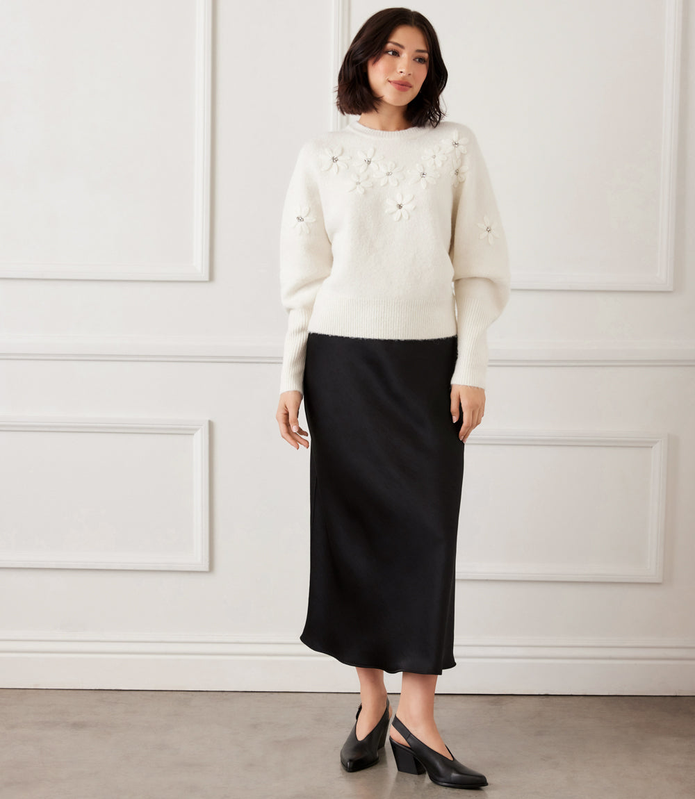 Rhinestone Embroidered Flower Sweater