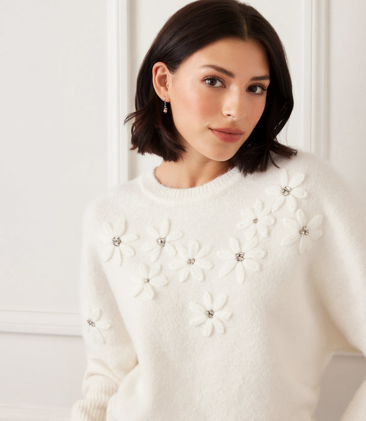 Rhinestone Embroidered Flower Sweater