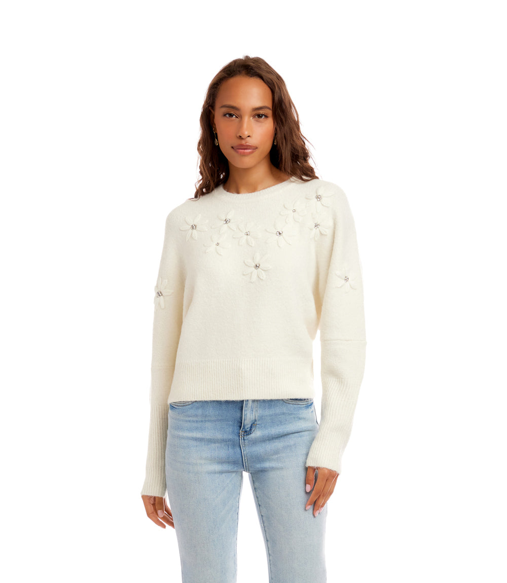 Rhinestone Embroidered Flower Sweater