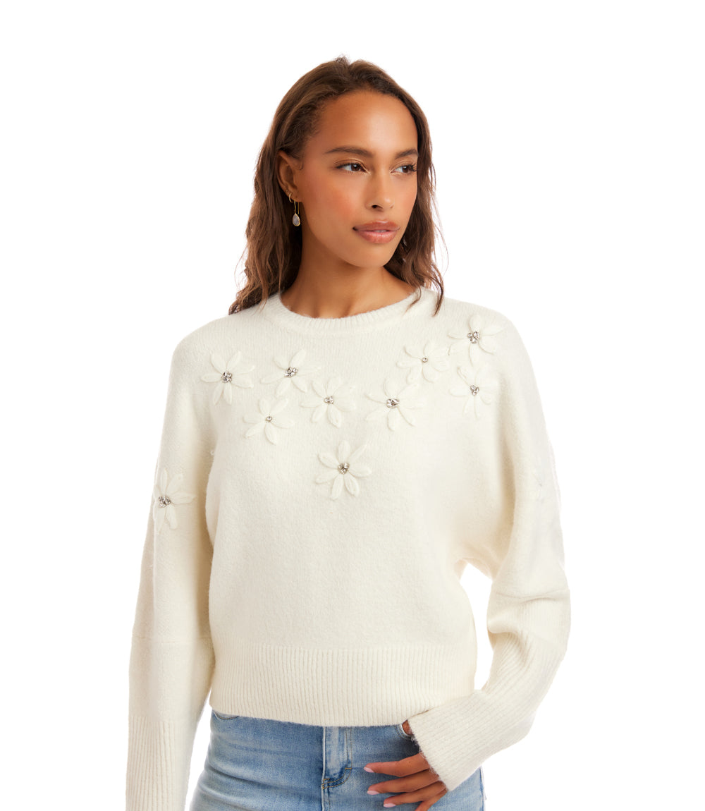 Rhinestone Embroidered Flower Sweater