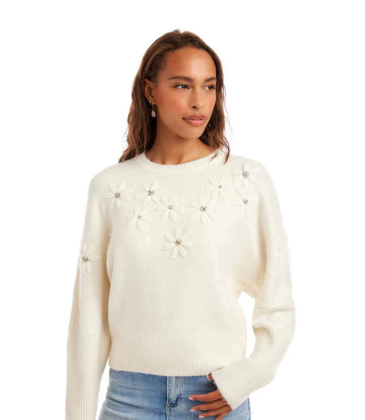 Rhinestone Embroidered Flower Sweater