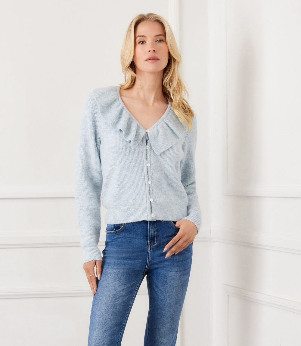 Ruffle Neckline Cardigan Sweater