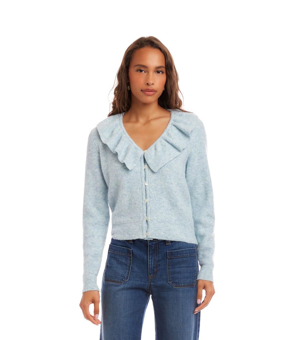 Ruffle Neckline Cardigan Sweater