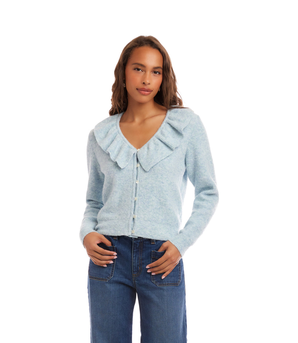 Ruffle Neckline Cardigan Sweater