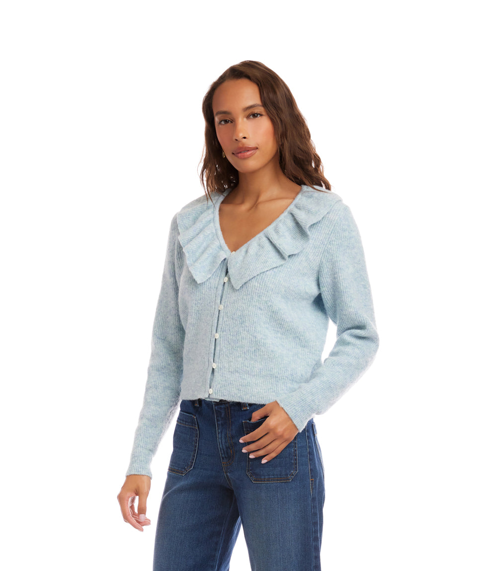 Ruffle Neckline Cardigan Sweater