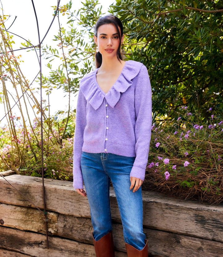 Ruffle Neckline Cardigan Sweater