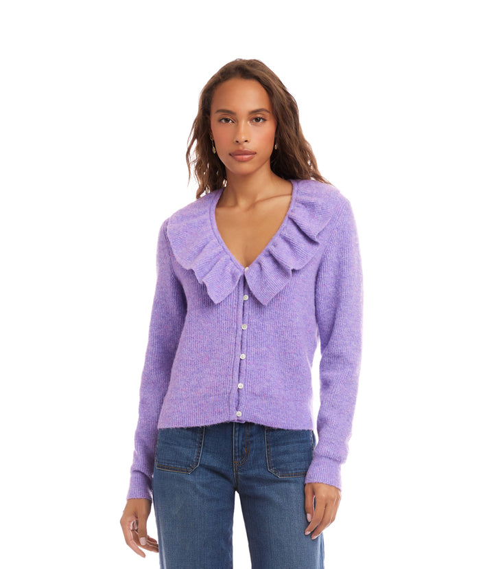 Ruffle Neckline Cardigan Sweater