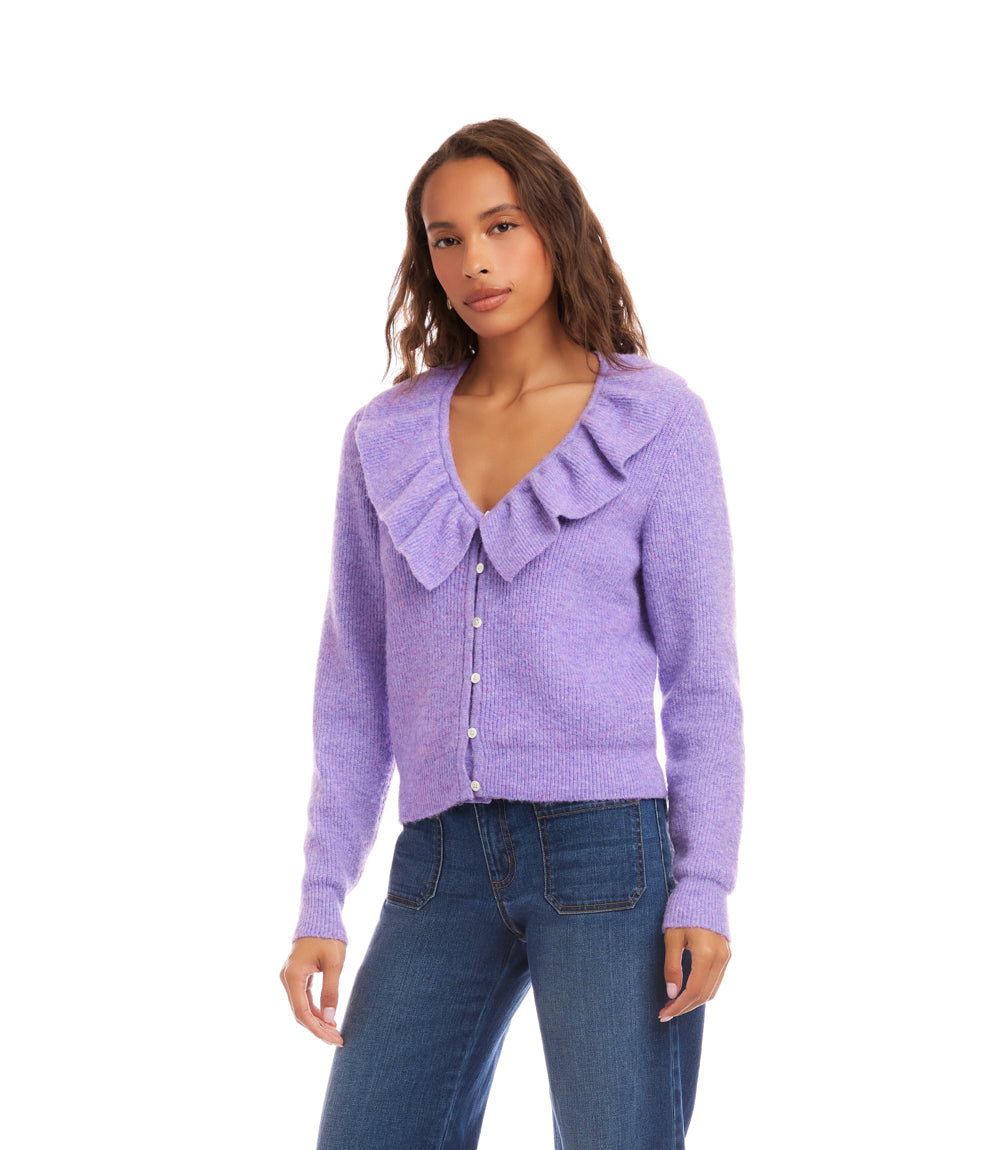 Ruffle Neckline Cardigan Sweater