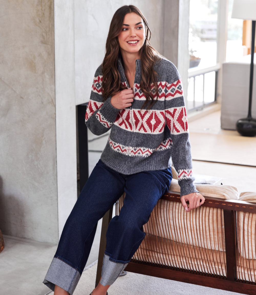 Mockneck Jacquard Zip Sweater