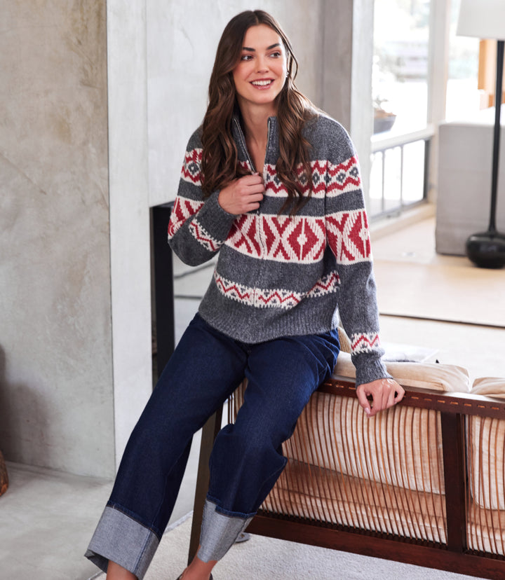 Mockneck Jacquard Zip Sweater